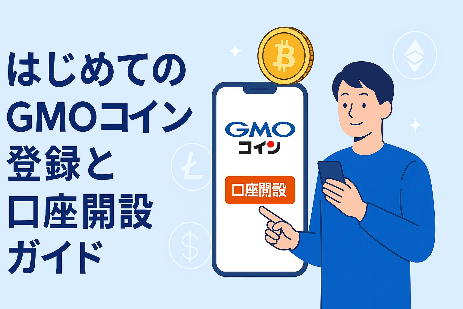 GMOコインの登録と口座開設方法を初心者向けにわかりやすく解説しているガイドのイメージ