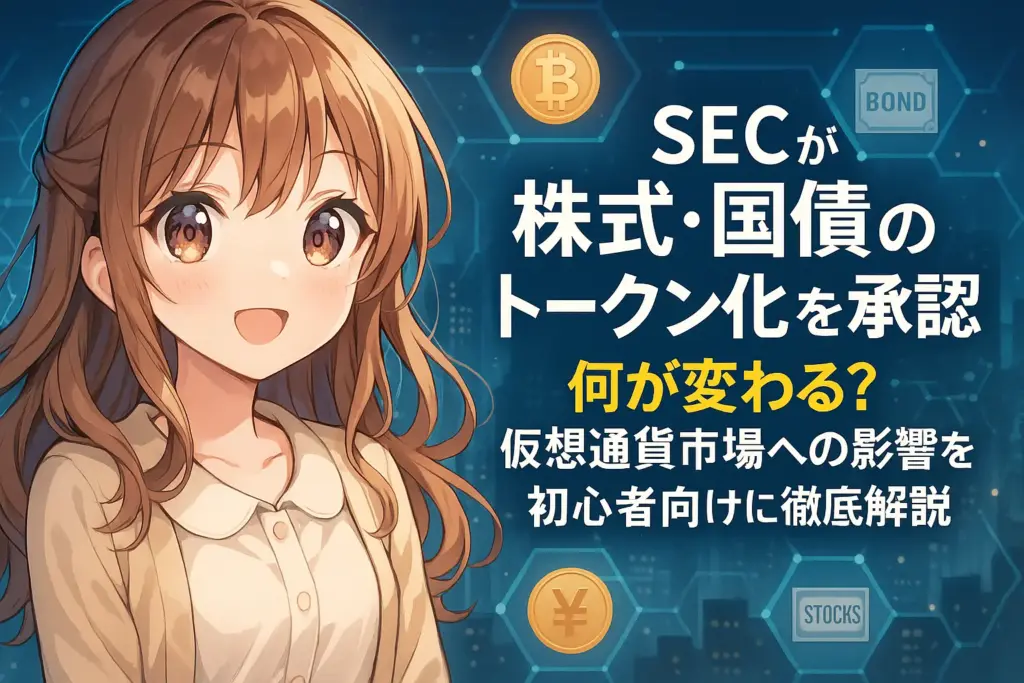 SECが株式や国債のトークン化を承認したことで、金融市場や仮想通貨市場にどのような変化や影響が生まれるのかを、初心者にもわかりやすく解説しているイメージ