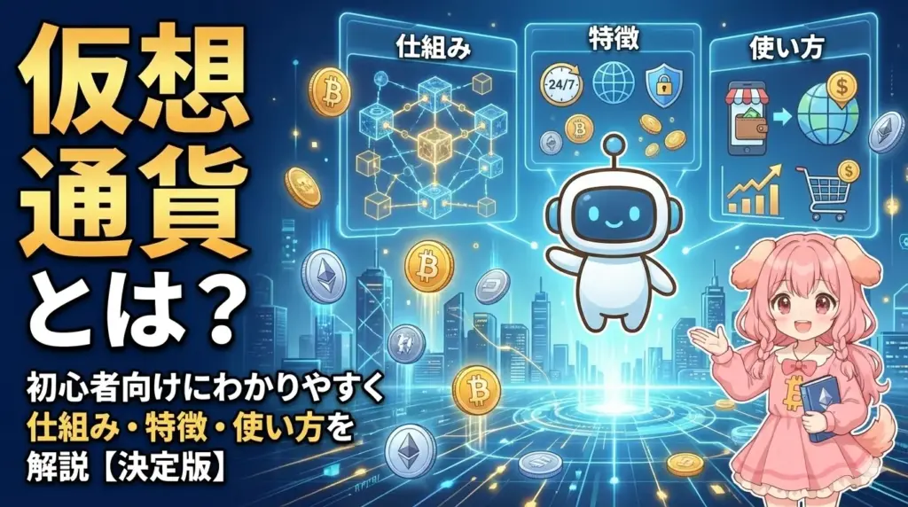 仮想通貨の基本を初心者向けにやさしく解説するアニメ風イラスト。可愛い女の子が仮想通貨アイコンを指差しながら説明する構図