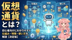 仮想通貨の基本を初心者向けにやさしく解説するアニメ風イラスト。可愛い女の子が仮想通貨アイコンを指差しながら説明する構図