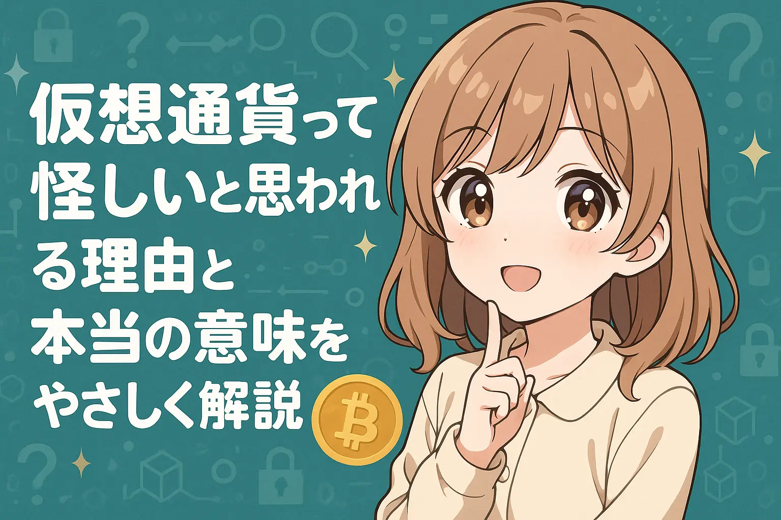 仮想通貨が怪しいと思われる理由とその本当の意味をやさしく説明するアニメ風の女の子のイラスト。背景には暗い不安と明るい真実が対比的に描かれている