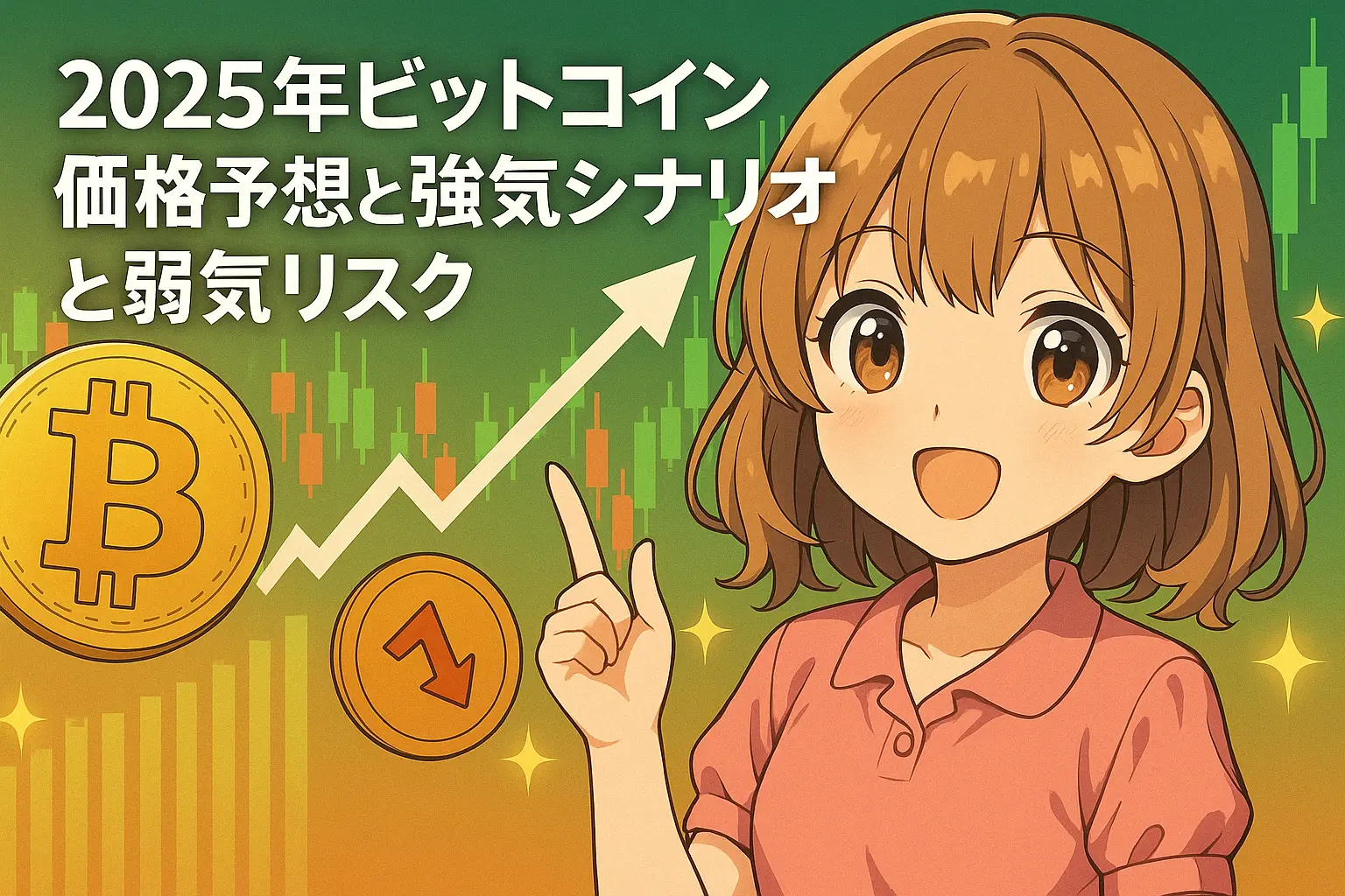 2025年のビットコイン（BTC）価格予想と、強気シナリオおよび弱気リスクについて詳しく解説したイメージ