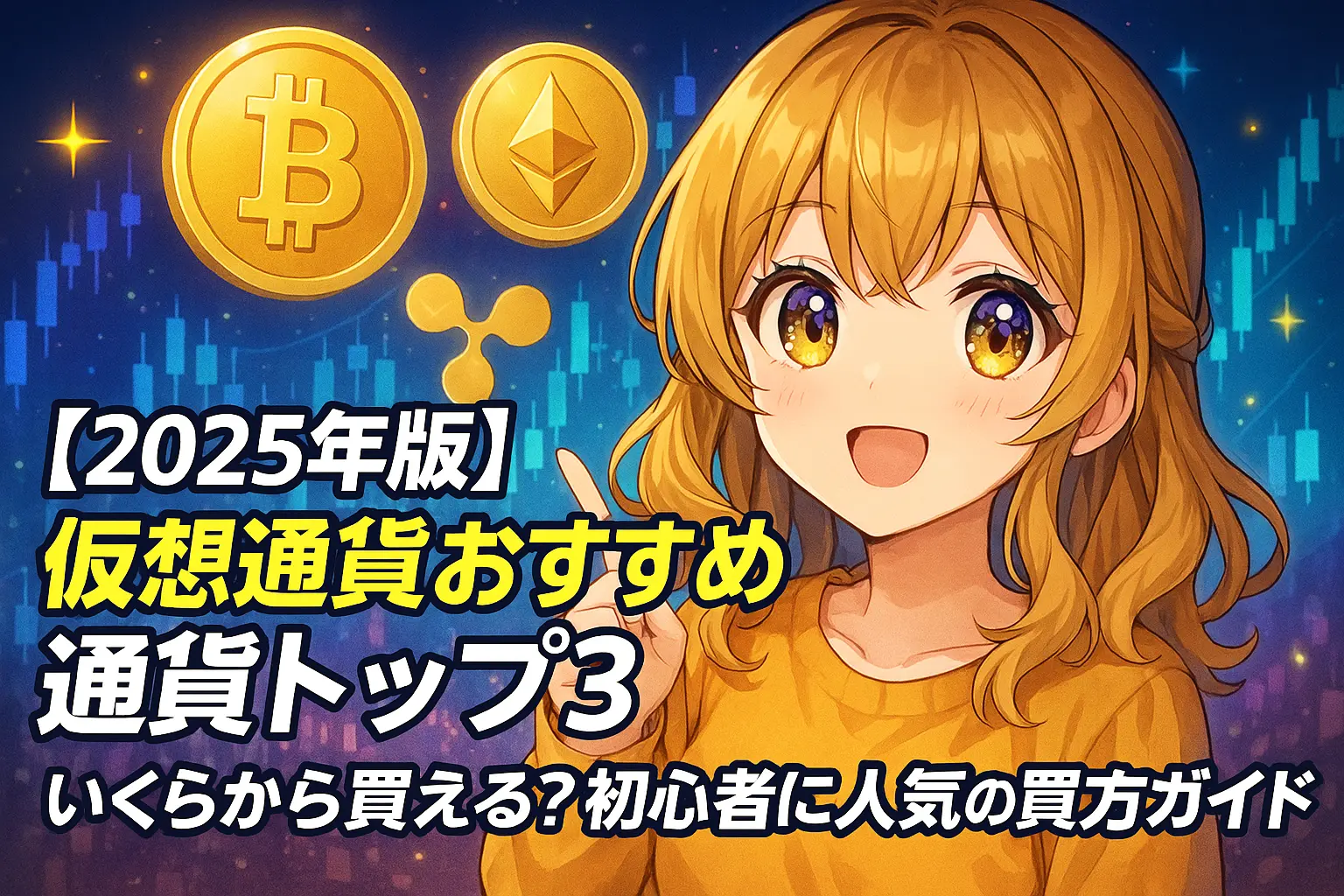「2025年に初心者に人気の仮想通貨トップ3を紹介するアニメ風の女の子のイラスト。ビットコインやイーサリアムなどのアイコンと『いくらから買える？』の吹き出しが背景に描かれている」