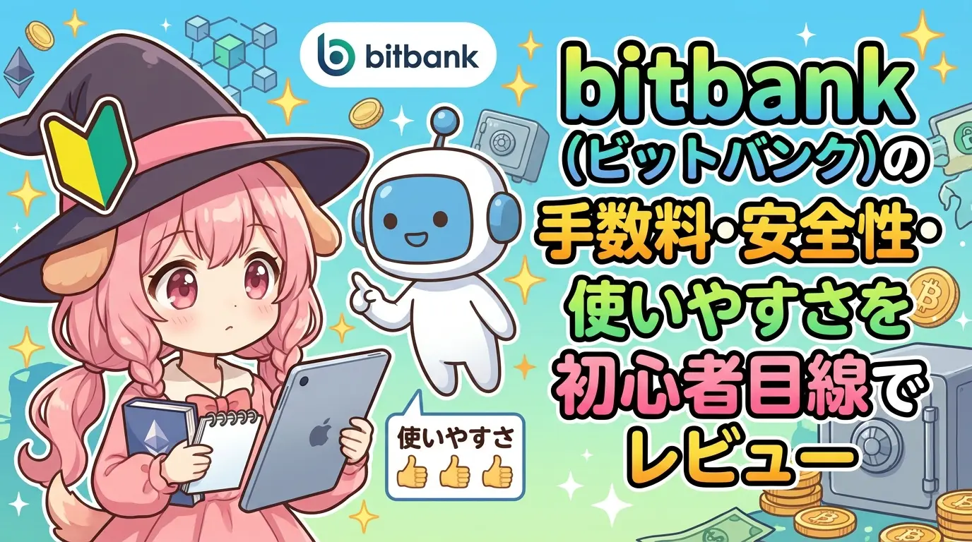 bitbank（ビットバンク）の評判を初心者向けにまとめた記事で、手数料の安さや安全性、アプリや取引画面の使いやすさを実際の利用目線で解説しているイメージ