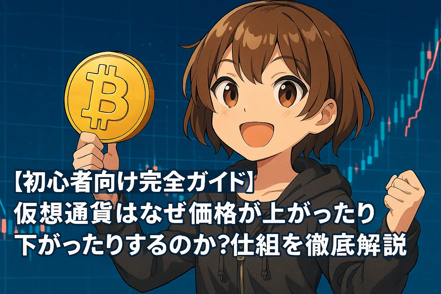 仮想通貨の価格が変動する仕組みについて、需要と供給、ニュース、投資家心理などを交えて詳しく解説するイメージ