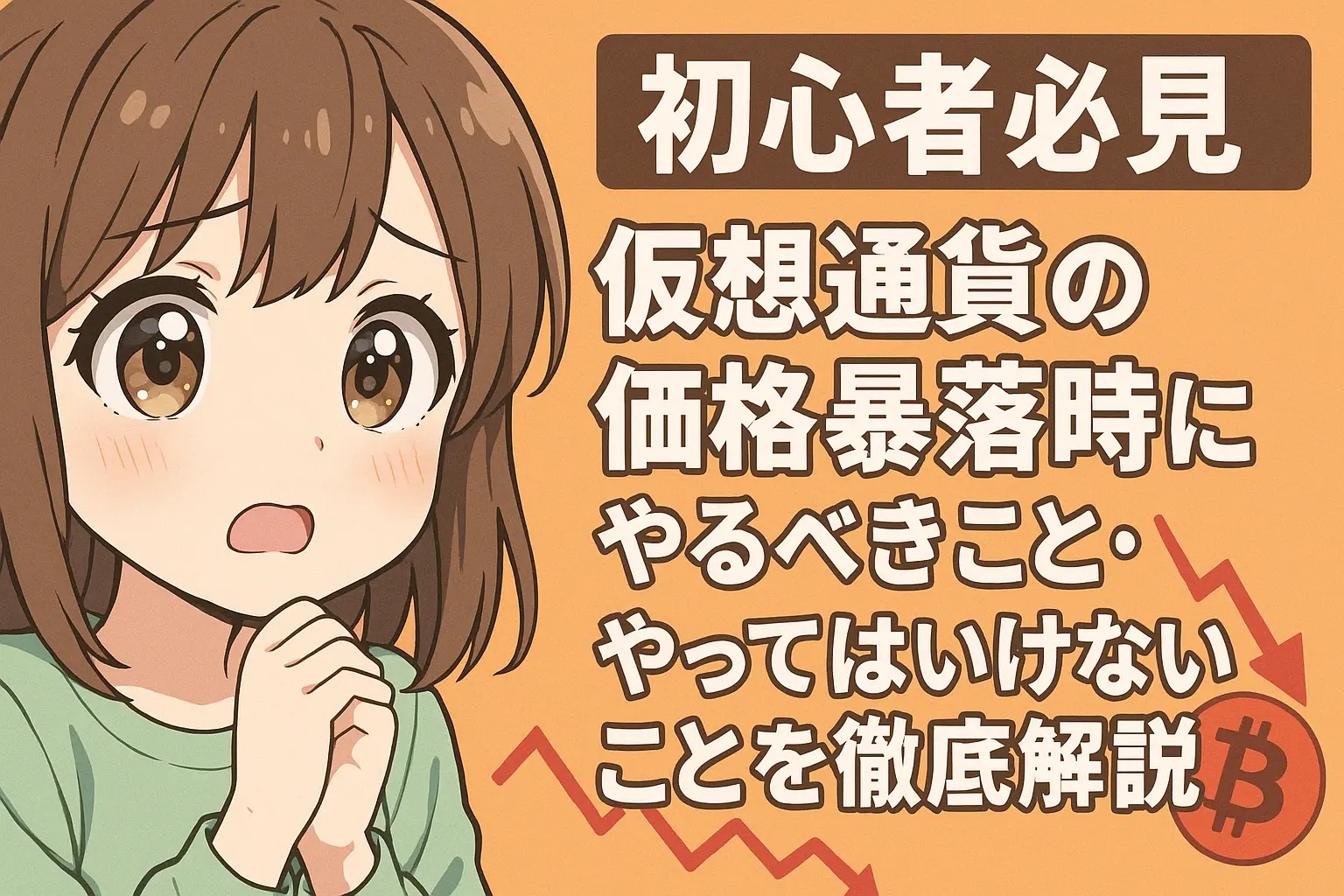 初心者向けに、仮想通貨の価格暴落時に取るべき対応と避けるべき行動をわかりやすく解説しているイメージ