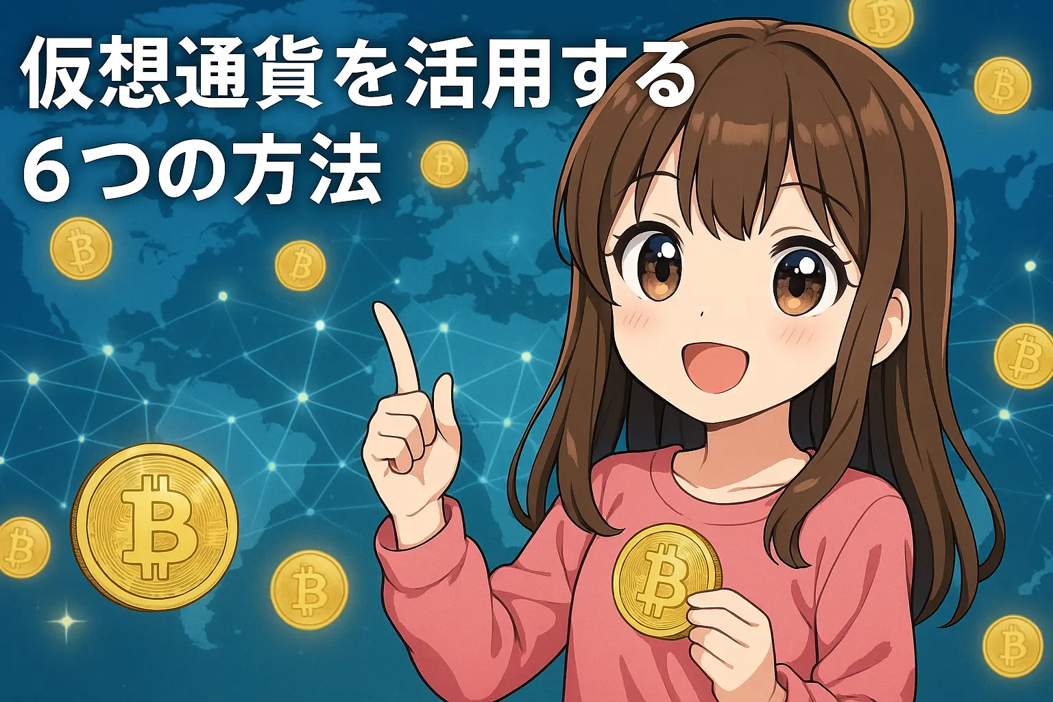 仮想通貨を活用する6つの代表的な運用方法について解説する記事のイメージ画像。初心者にもわかりやすく、具体的な活用手段を紹介。