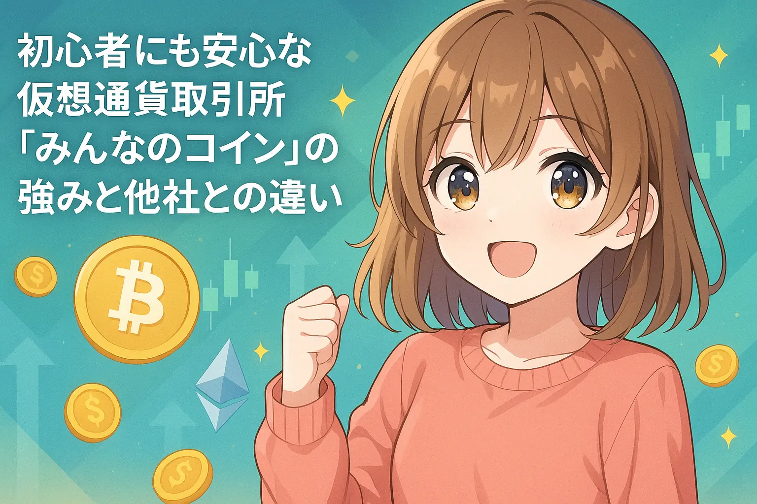 初心者にも安心して使える仮想通貨取引所「みんなのコイン」の強みと、他社との違いをわかりやすく解説するイメージ