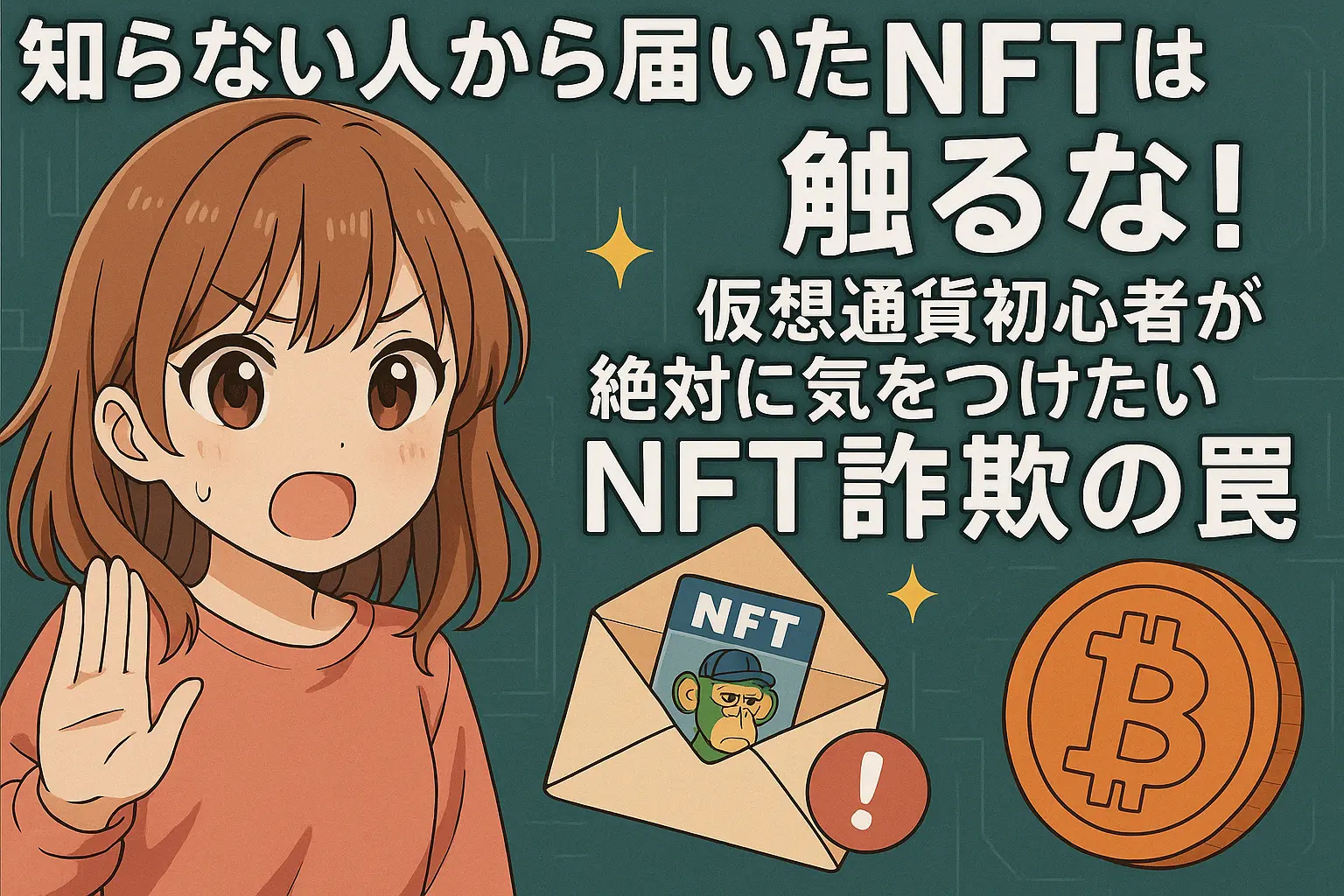 知らない人から届いたNFTに触るリスクと、仮想通貨初心者が注意すべきNFT詐欺のポイントを解説するイメージ