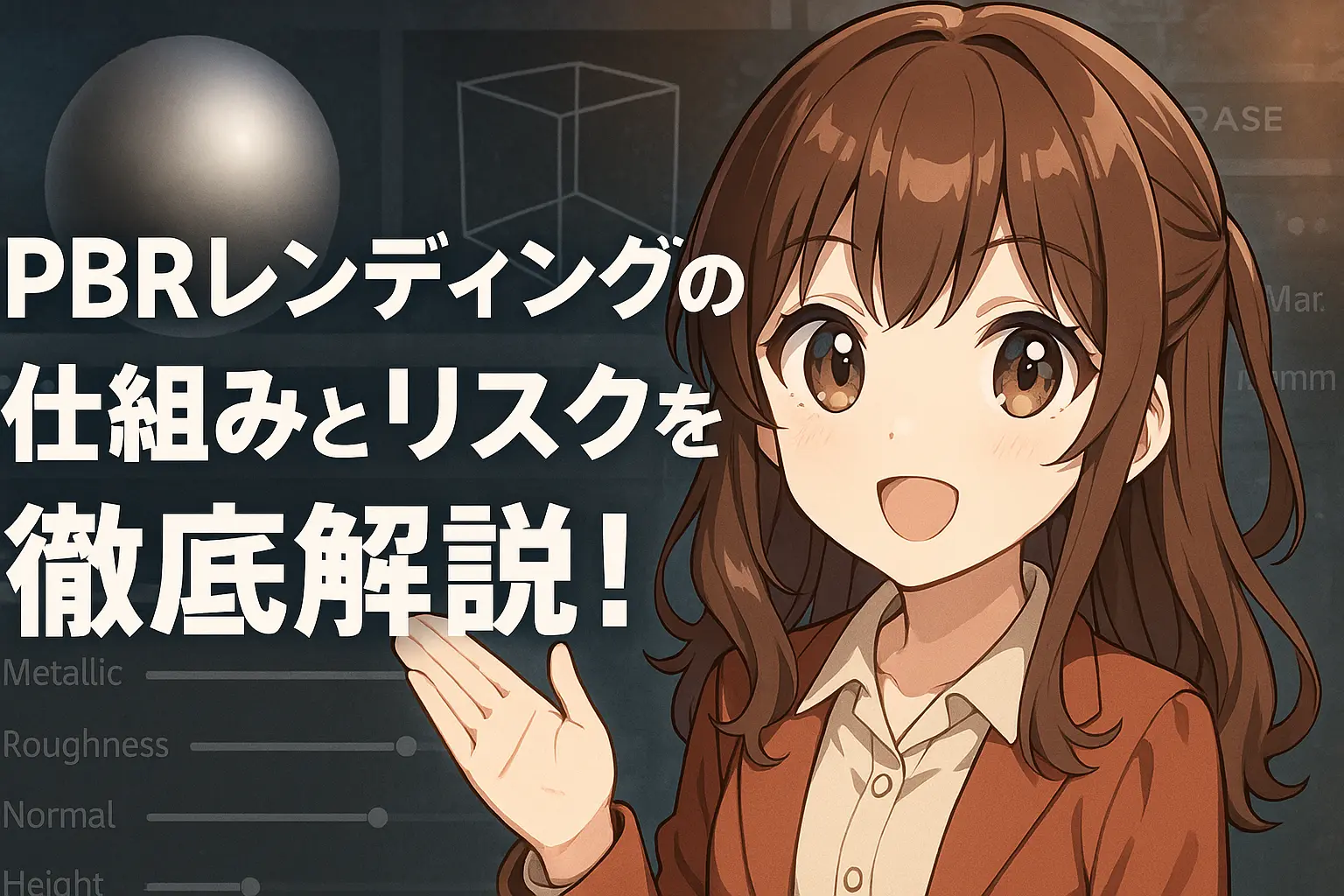 PBRレンディングの仕組みとリスクを解説する可愛いアニメ風の女の子イラスト。仮想通貨や資産運用をテーマにした高画質な横長画像
