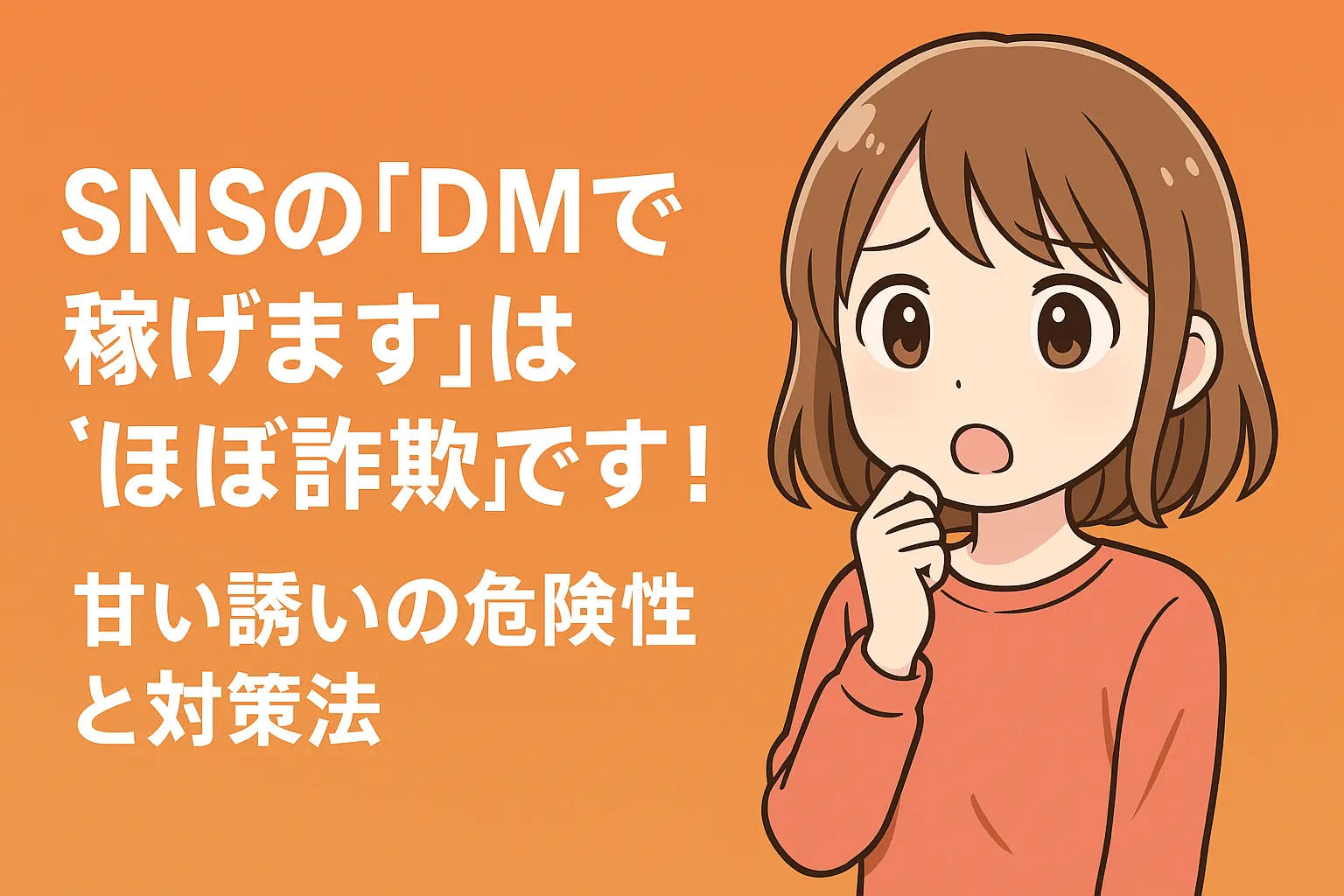 SNSのDMで「稼げます」という甘い誘いがほぼ詐欺である理由と、被害に遭わないための対策方法を解説するイメージ