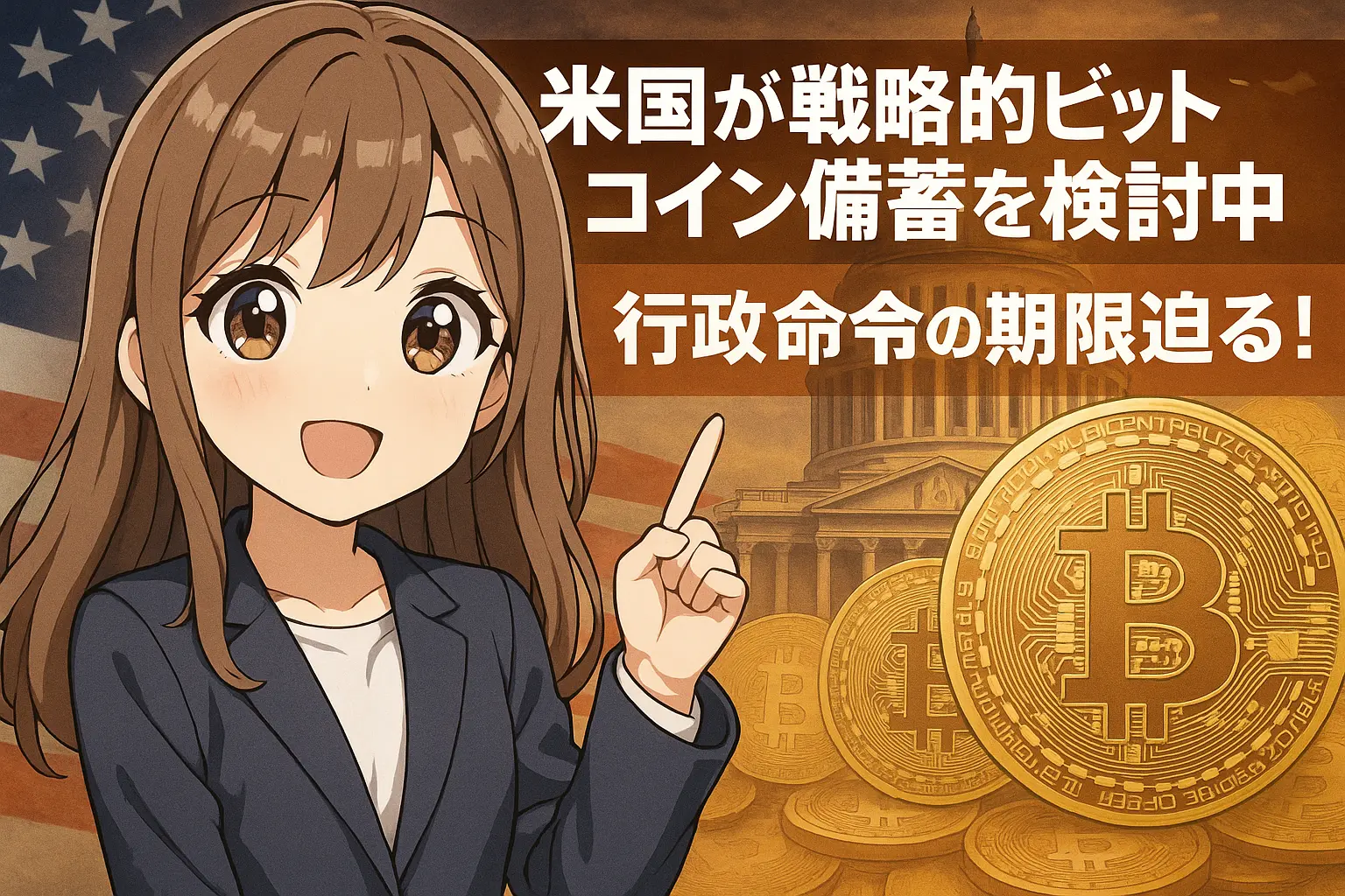 アメリカ政府が戦略的ビットコイン備蓄を検討しているニュースを伝えるイメージ