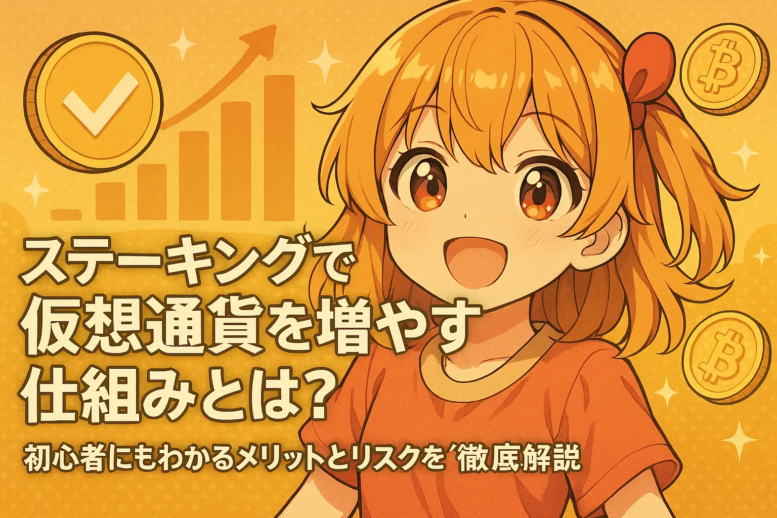 仮想通貨のステーキングの仕組みと、初心者にもわかりやすいメリット・リスクについて詳しく解説するイメージ
