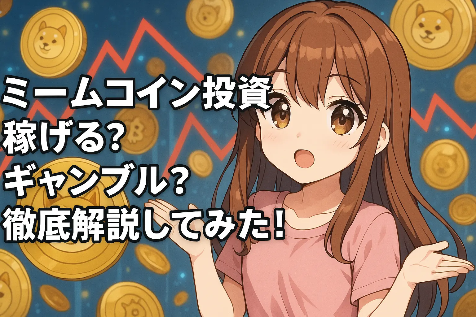 ミームコイン投資の利益性とリスクを解説する可愛いアニメ風の女の子のイラスト。背景にはロケットやドルマークが描かれ、仮想通貨の楽しさと危うさを表現