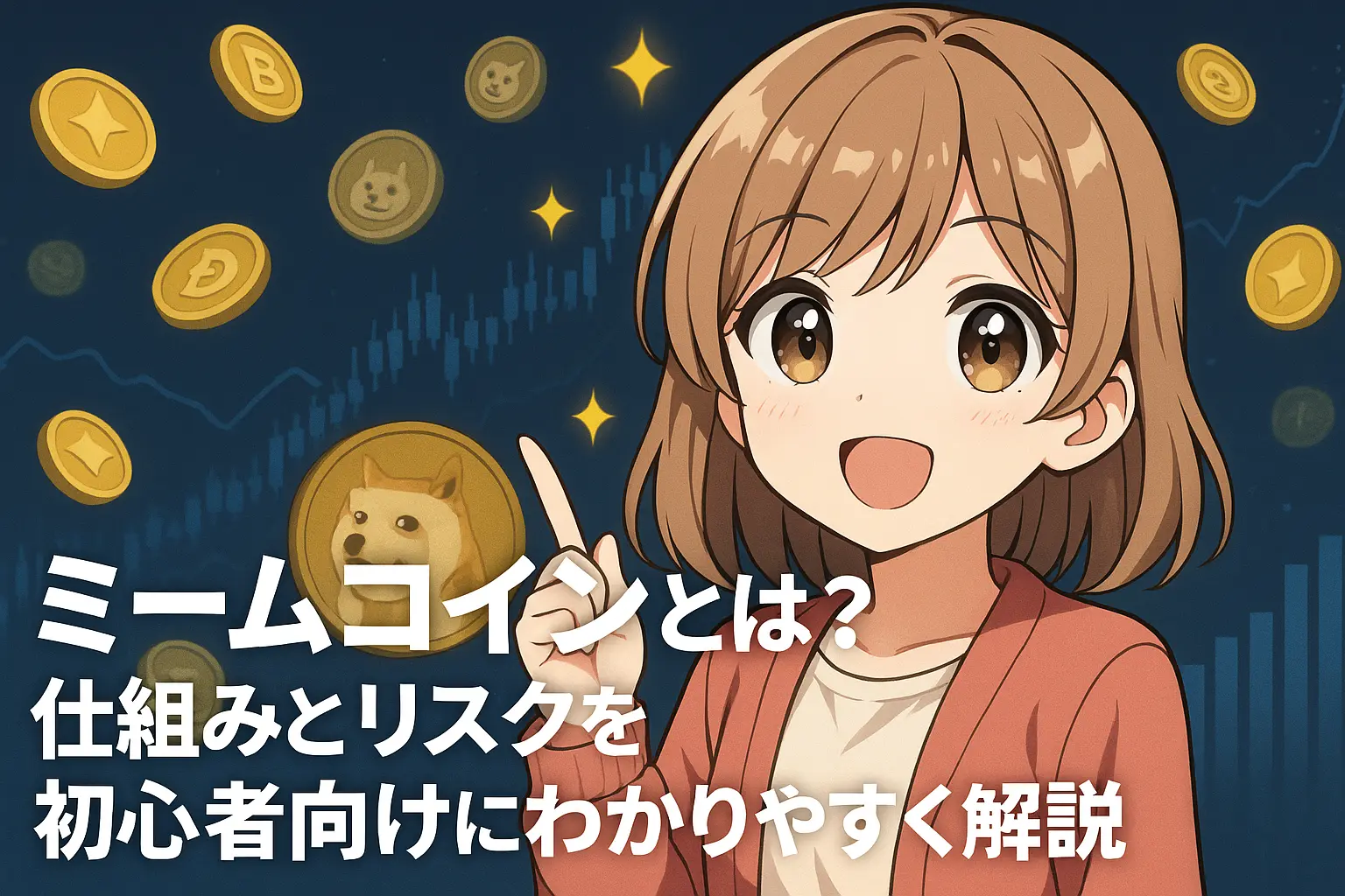 ミームコインの特徴や仕組み、投資時のリスクについて初心者向けにわかりやすく解説しているイメージ