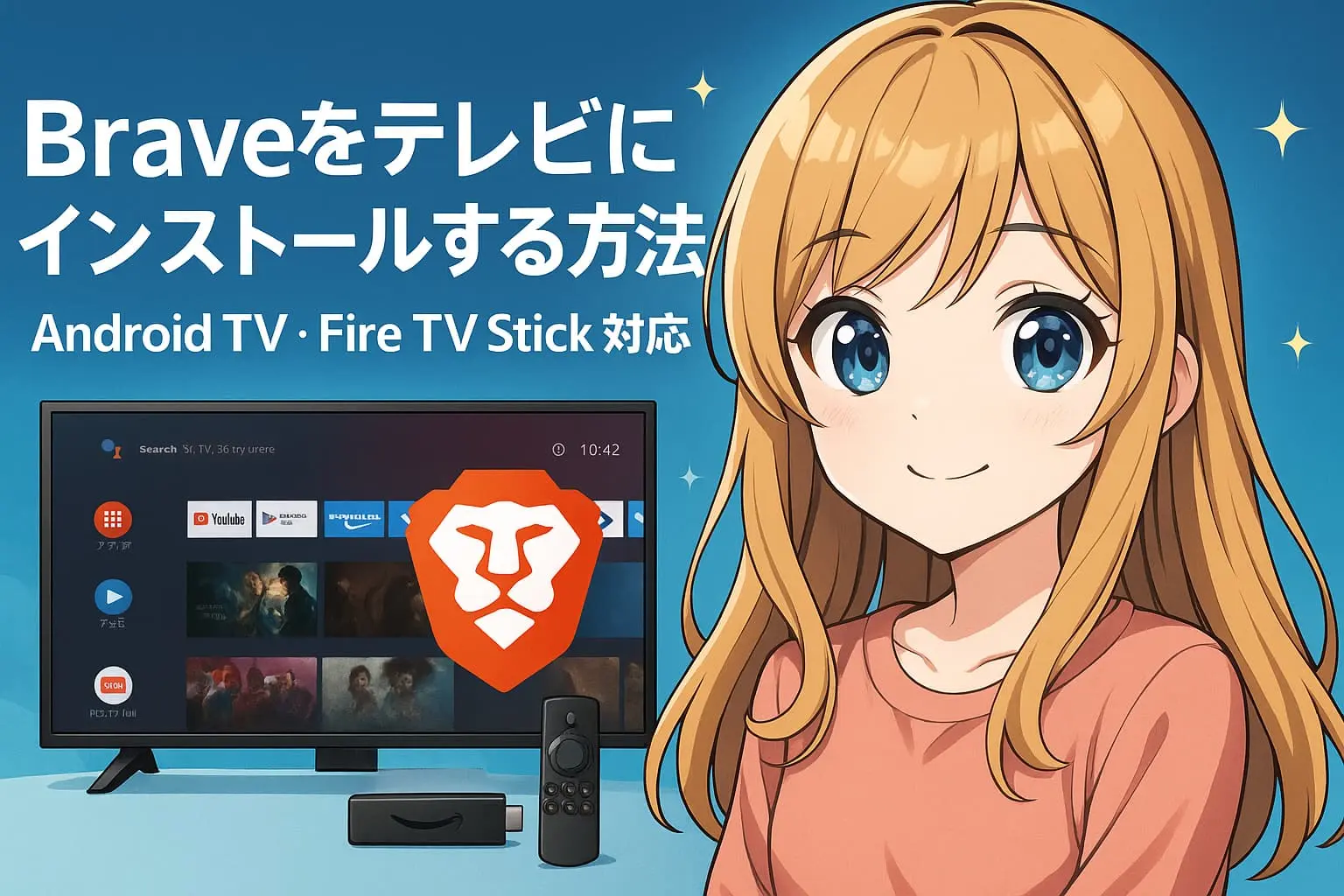 Braveブラウザをテレビにインストールする様子を示したイメージ。Android TVやFire TV Stickの設定画面とBraveのアイコンが並んで表示されている構図。
