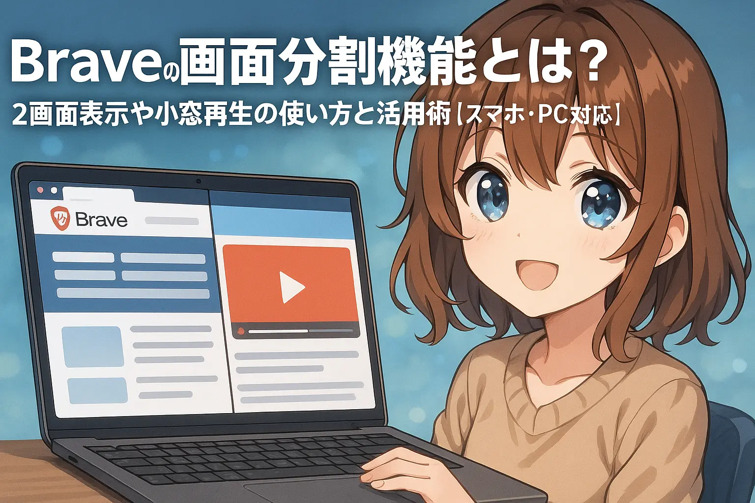 Braveブラウザの画面分割機能や2画面表示、小窓再生の使い方と、スマホ・PCそれぞれでの活用術をわかりやすく解説したガイド画像
