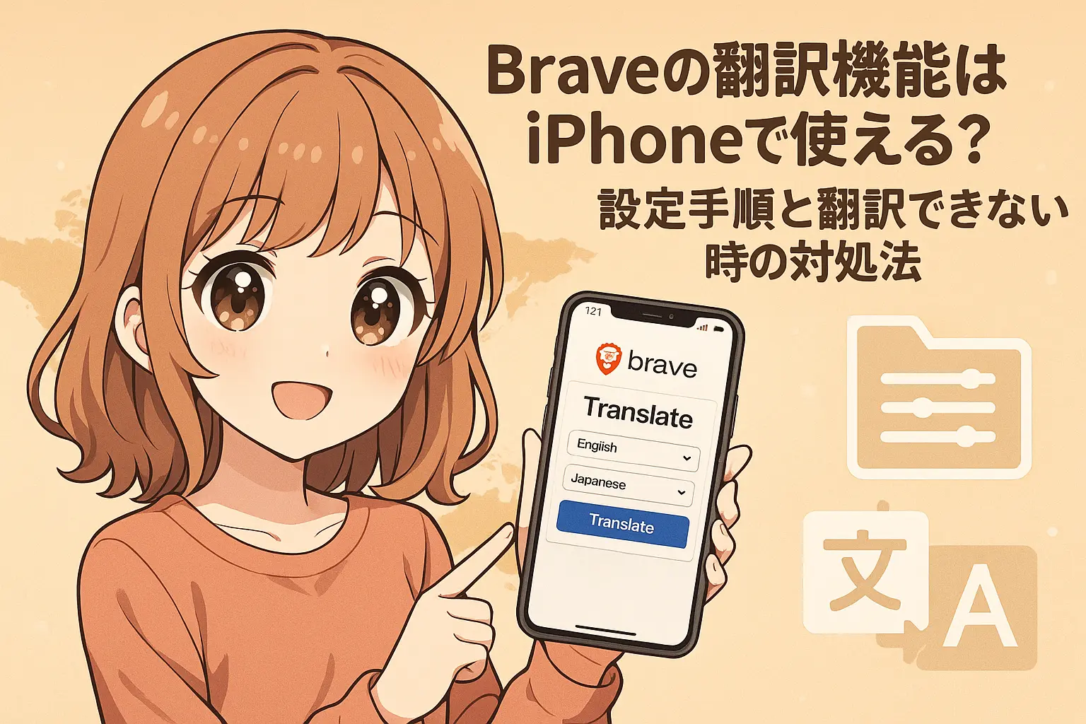 iPhoneでBraveブラウザの翻訳機能を使うための設定方法と、翻訳できない時の対処法を初心者にもわかりやすく解説したガイド画像