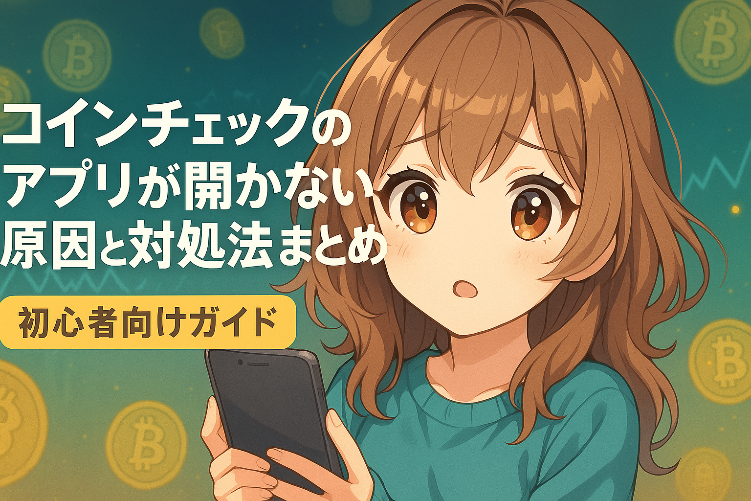コインチェックのアプリが開かない原因と対処法を説明するイメージ。エラーメッセージが表示されたスマホ画面と、対処法の手順画面が並ぶ構成。