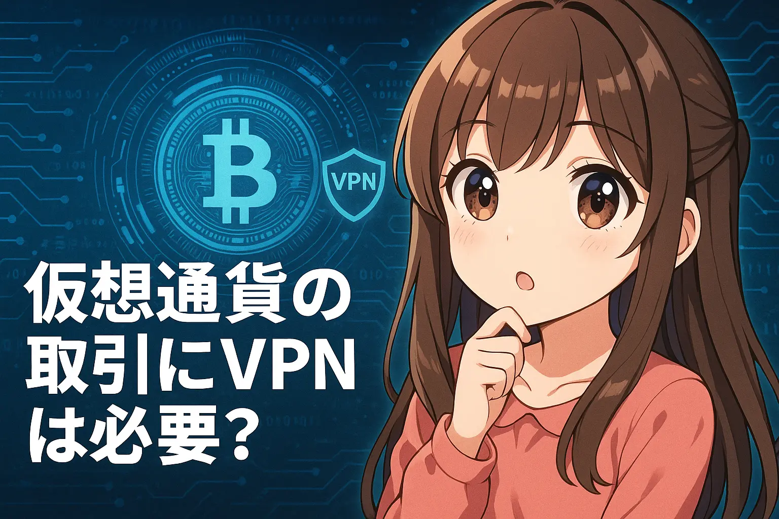 仮想通貨取引にVPNが必要かどうかを解説するイメージ。VPNによる安全性の向上やメリットを図解で示した構成で、初心者にもわかりやすい内容