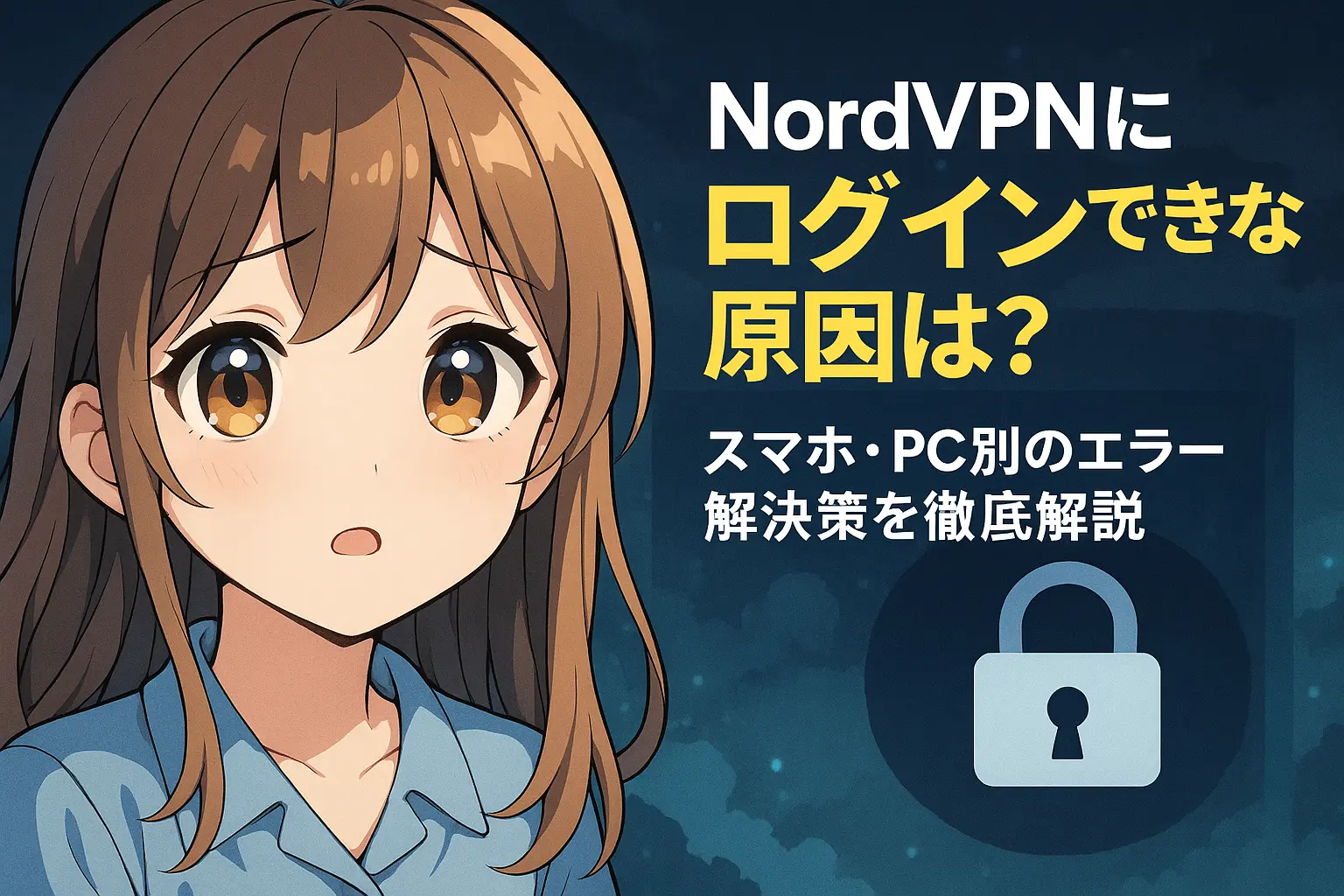 NordVPNにログインできないときの原因と解決策を解説するイメージ。スマホとPCのログインエラー画面が並び、対処法の手順も示されている構成。