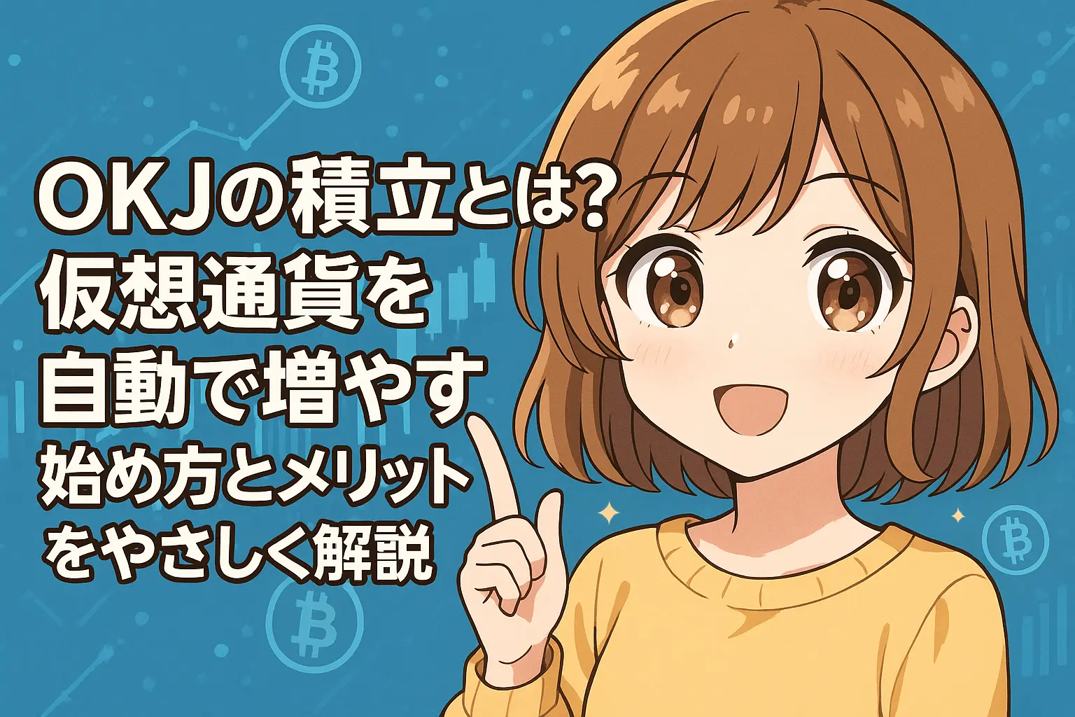 仮想通貨取引所OKJの積立機能について、自動で資産を増やす仕組みや始め方、メリットを初心者にもわかりやすく解説したガイド画像