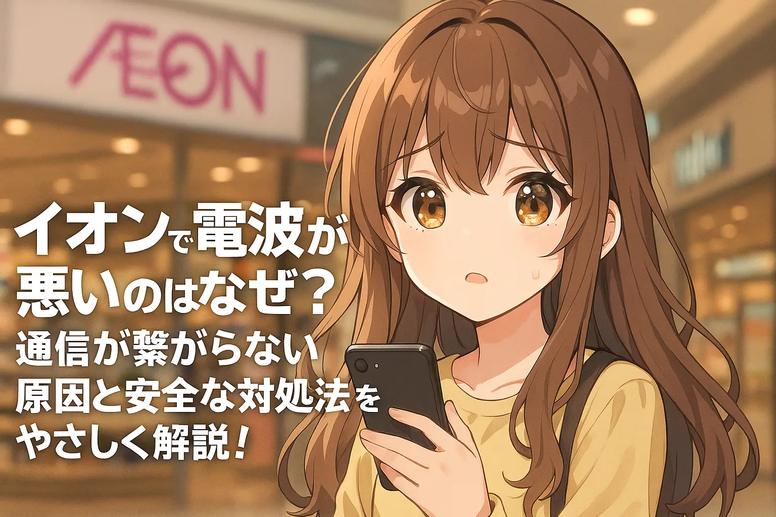 イオンモール内で電波が悪く通信が繋がらない原因と、その対処法をやさしく解説するイメージ。スマホの圏外表示や対策アプリの画面が並んだ構成。