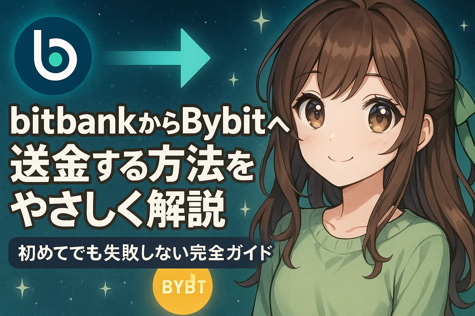 bitbankからBybitへ仮想通貨を送金する手順をわかりやすく解説するイメージ。送金アドレス入力画面や確認ステップが表示された構成。