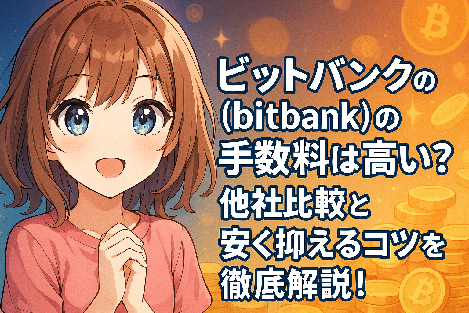 bitbankの手数料が高いかどうかを他社と比較し、安く抑えるためのコツを紹介するイメージ。取引手数料の比較グラフや節約術のアイコンが含まれた構成。