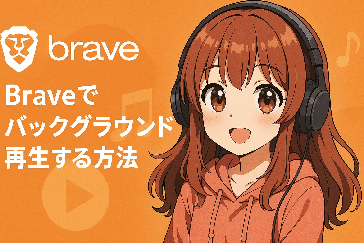 Braveブラウザでバックグラウンド再生を行う方法をスマホとPC別に解説するイメージ。音楽再生中の画面と、設定メニューを操作している様子を示した構成。