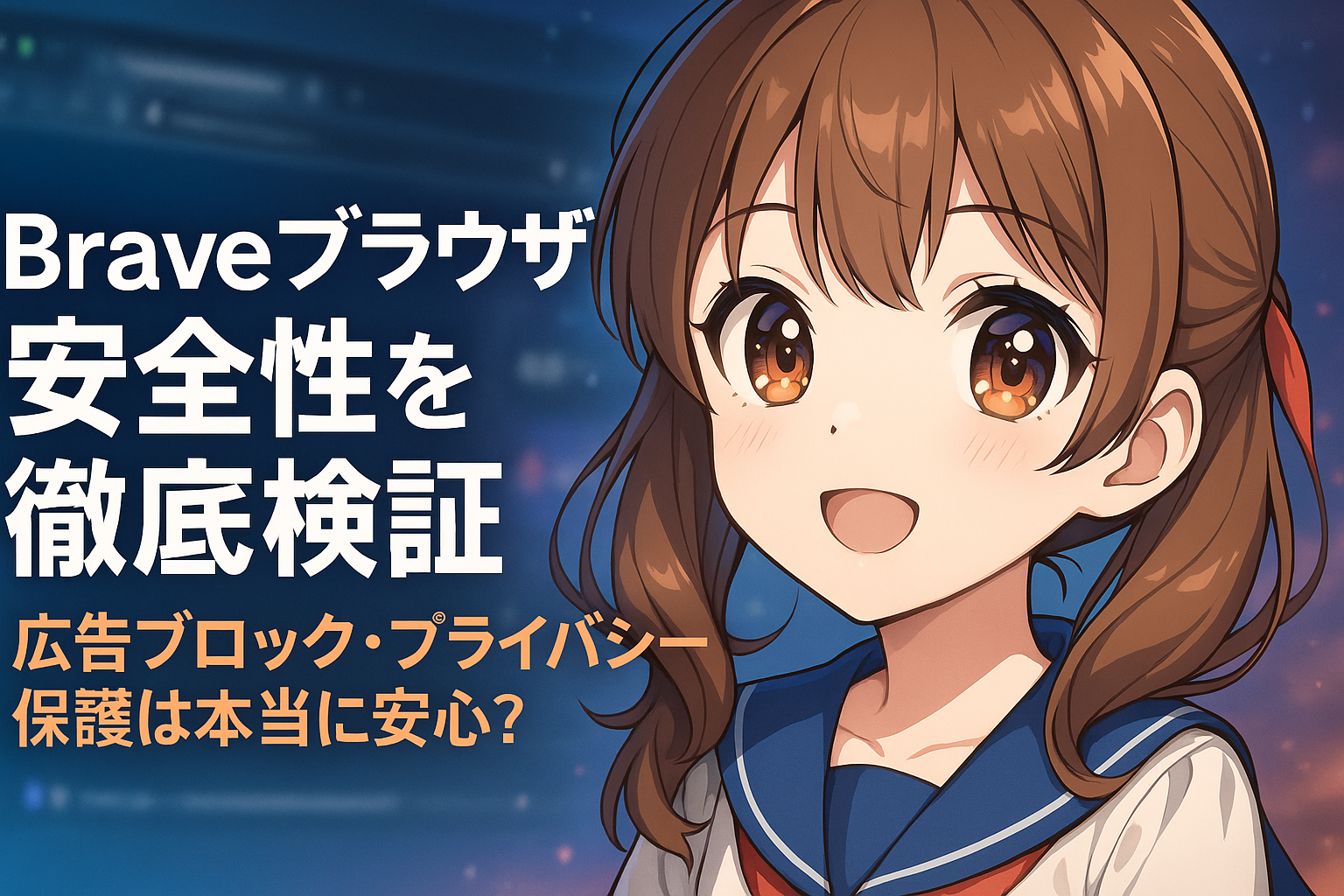 Braveブラウザの安全性を検証するイメージ。広告ブロックやプライバシー保護機能のアイコンと、安心感を示すシールドマークが配置された構成。