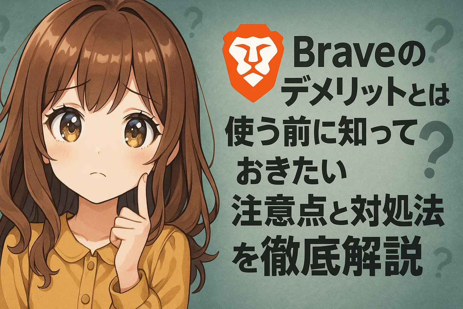 Braveブラウザを使う前に知っておきたいデメリットとその対処法を解説するイメージ。注意点を示すアイコンや設定変更画面が配置された構成。