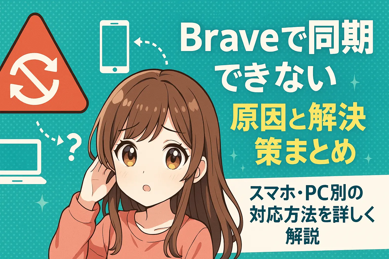 Braveブラウザで同期できない原因とスマホ・PC別の解決策を解説するイメージ。同期エラーの通知画面と、それに対する設定操作の様子が並んだ構成。