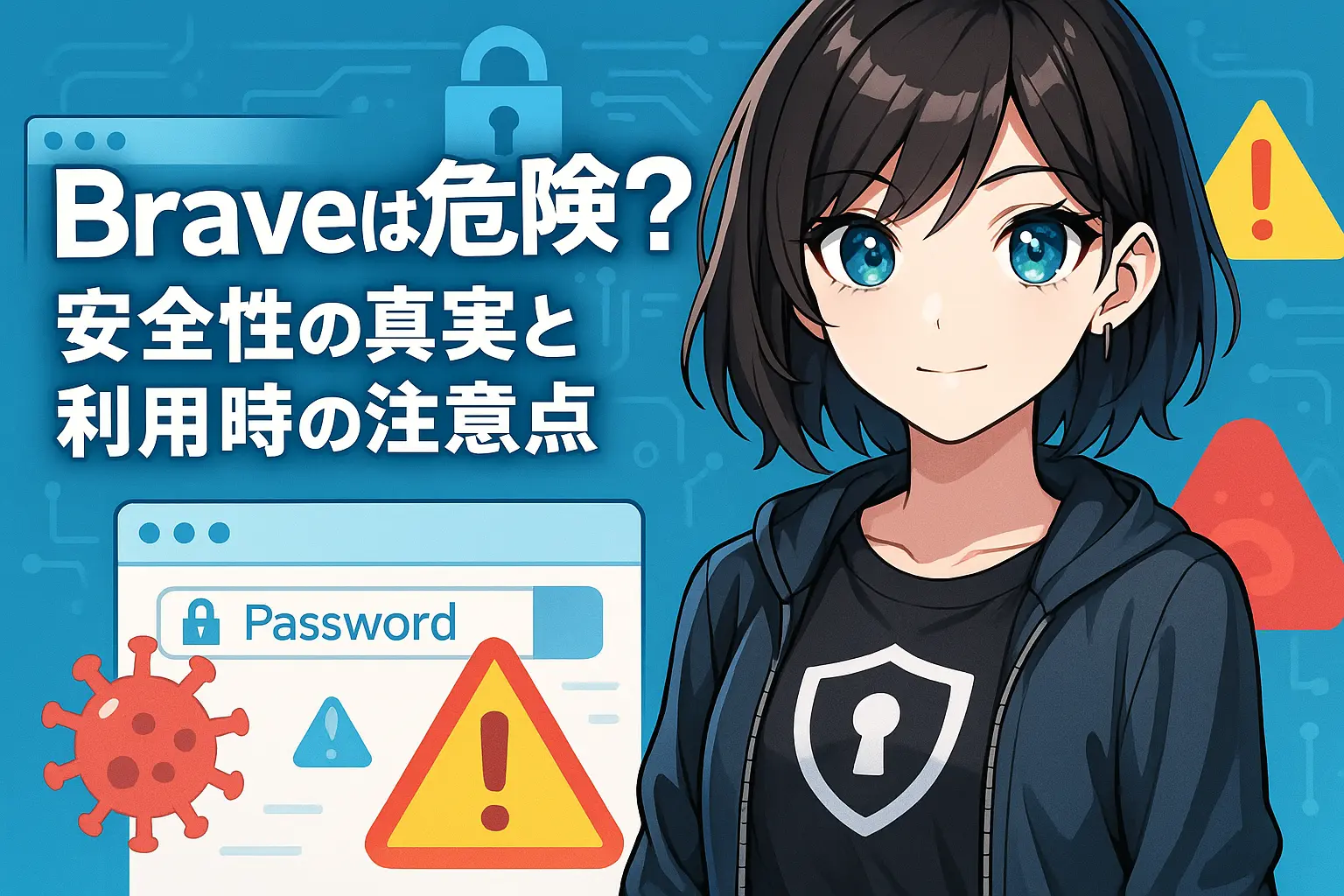 Braveブラウザの安全性とリスク、利用時の注意点をわかりやすく解説するイメージ。セキュリティアイコンや警告マークが表示された構成。