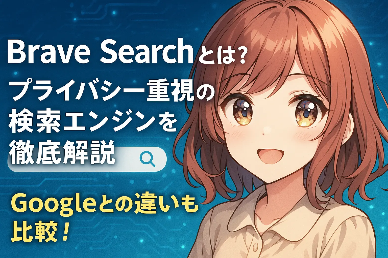 Brave Searchの特徴とGoogle検索との違いを比較して解説するイメージ。プライバシー保護を象徴するアイコンと検索結果画面の比較構成。