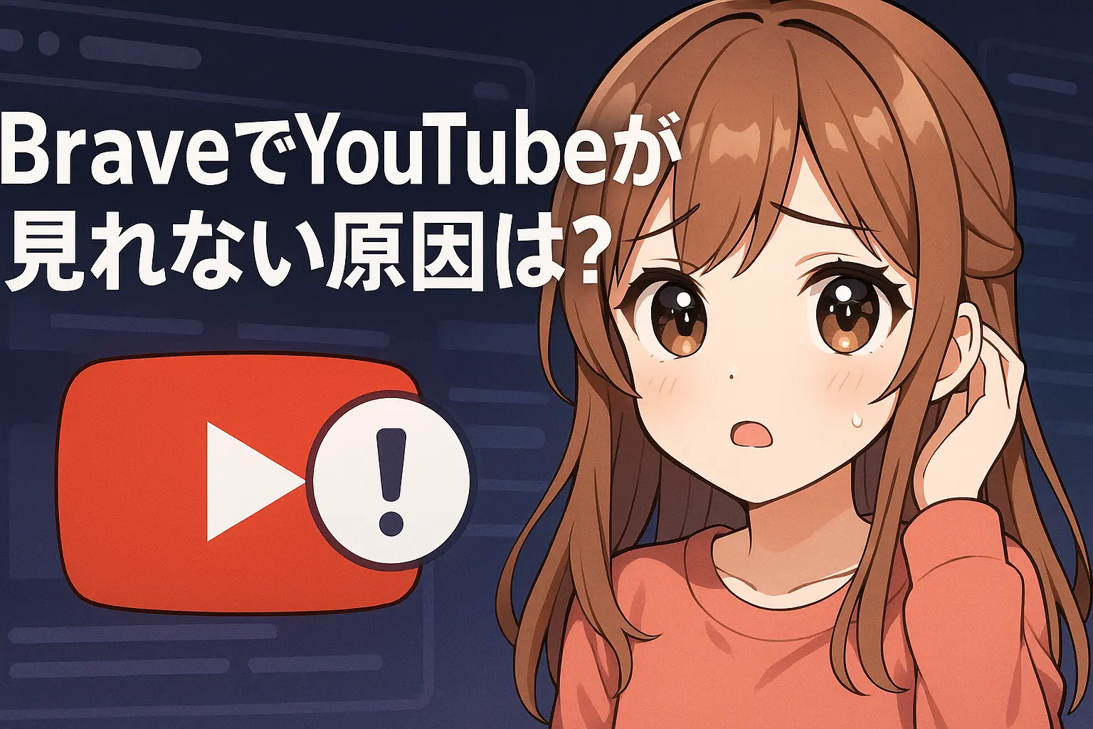 BraveブラウザでYouTubeが再生できない原因と対処法を解説するイメージ。読み込みエラーの画面や設定変更の操作例が表示された構成。