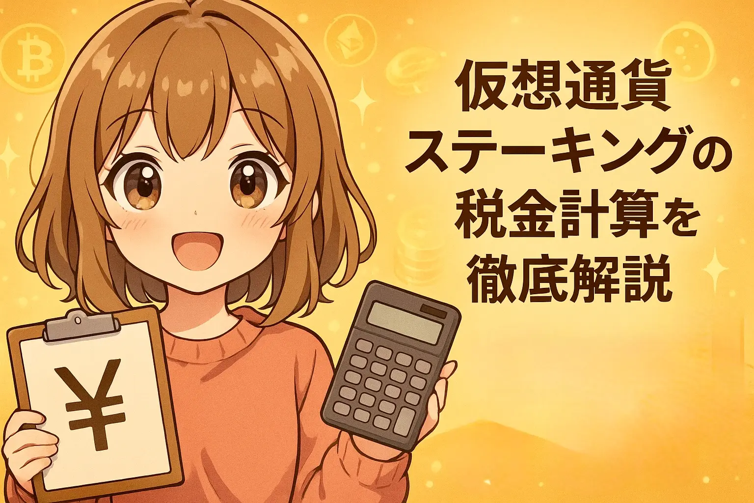 仮想通貨ステーキングで得た報酬の税金計算方法と、利益を認識するタイミング・時価の調べ方について解説するイメージ