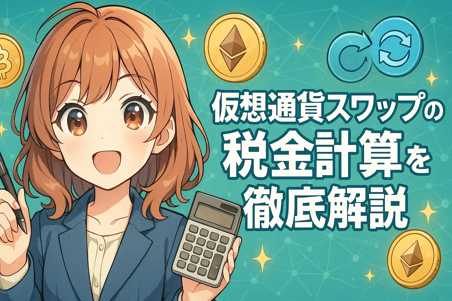 仮想通貨スワップ取引における課税の仕組みと、税金計算の具体例を紹介する図解イメージ