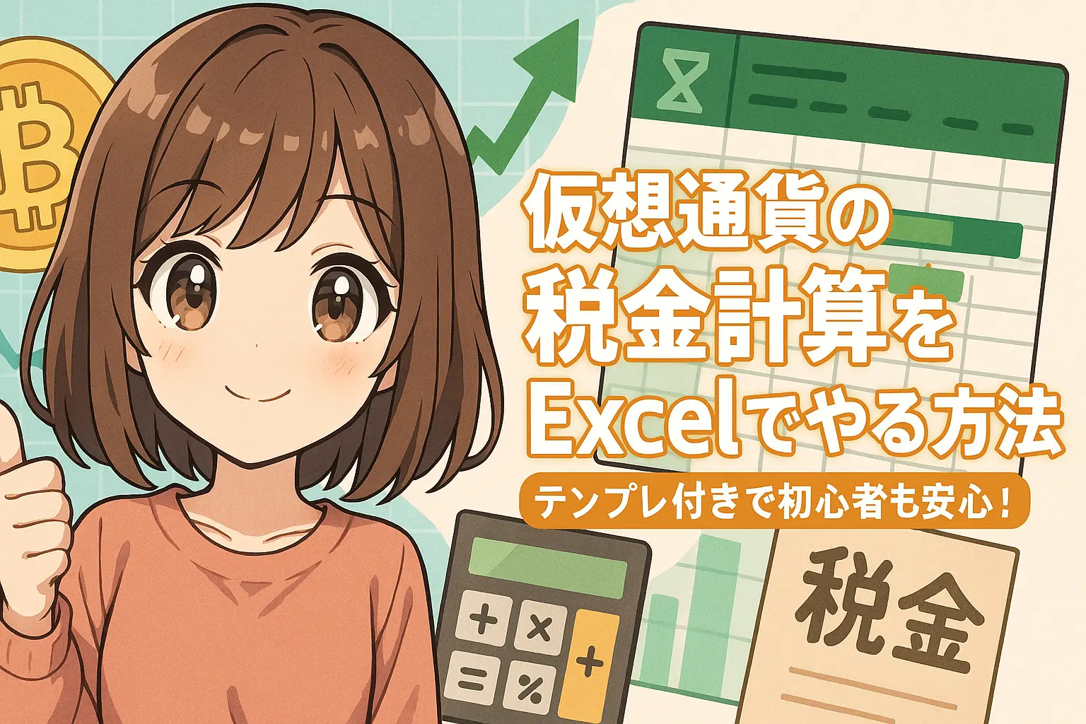 仮想通貨の税金計算をExcelで行う方法を初心者向けに解説したテンプレート付きの案内イメージ