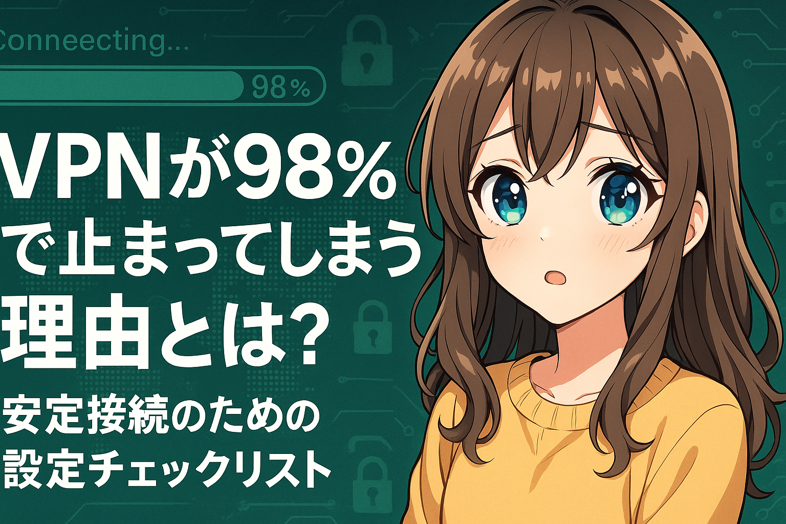 VPN接続が98%で止まってしまう原因と、安定接続のための設定チェックリストを解説するイメージ。進行バーが止まった画面と対処法の設定画面が並んだ構成。