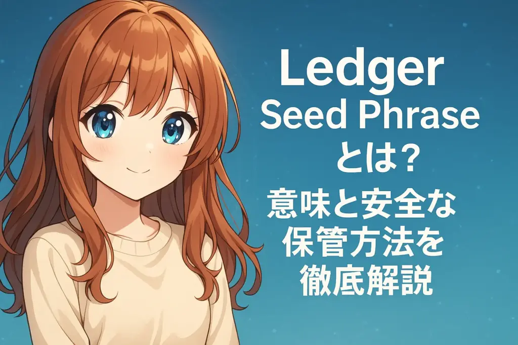 LedgerのSeed Phrase（リカバリーフレーズ）の意味と役割、安全に保管する方法（紙や金属プレートでのオフライン管理、耐火・耐水対策、金庫や貸金庫の活用、分割保管の注意点）を説明するアイキャッチ