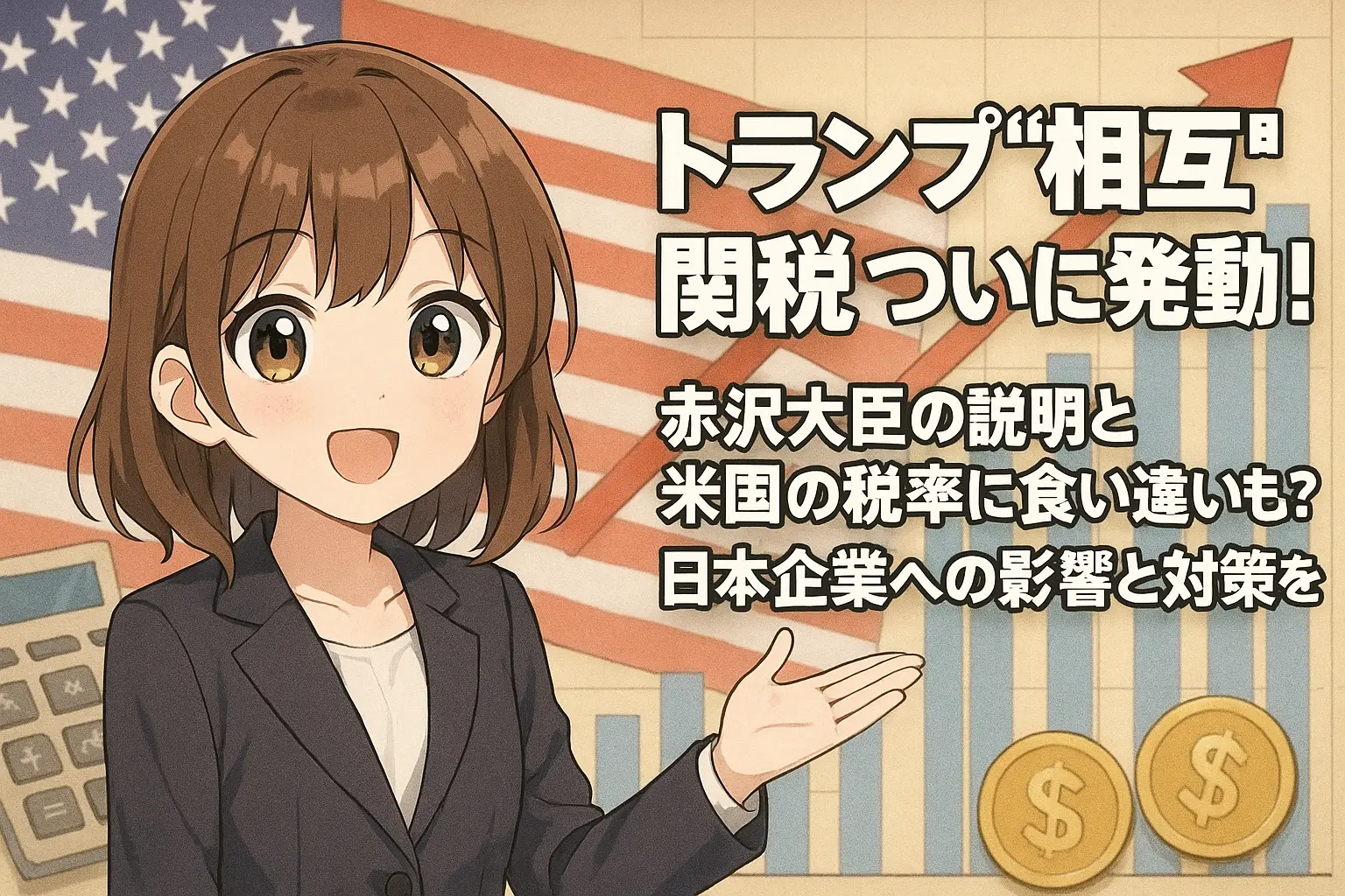 トランプ前大統領が発動した“相互関税”と赤沢大臣の説明、米国との税率の違い、日本企業への影響と対策を解説するイメージ