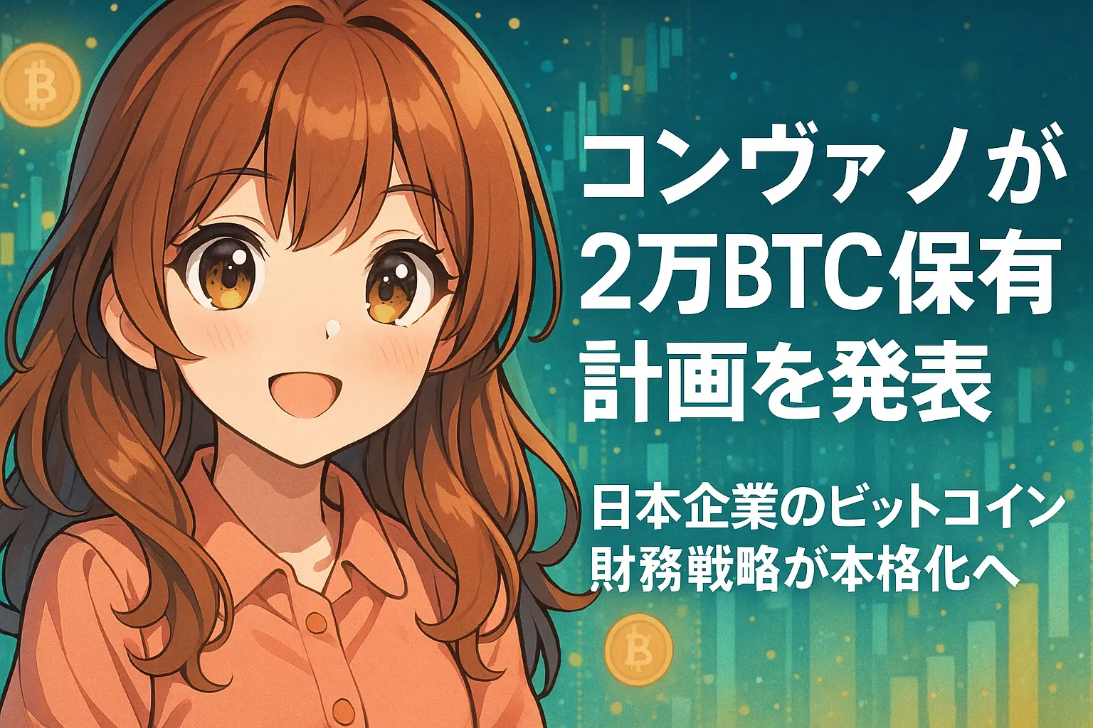 日本企業のコンヴァノが2万BTCの保有計画を発表。ビットコインを活用した企業財務戦略が国内で本格化していることを示すイメージ。