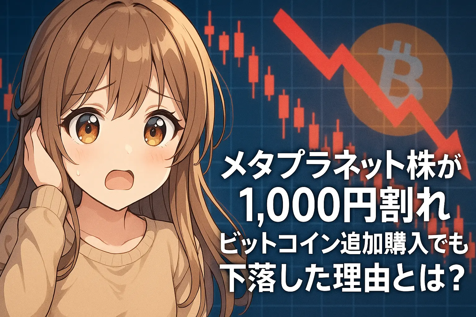 メタプラネットの株価が1,000円を割り込んだチャートのイメージ。ビットコインの追加購入をしたにもかかわらず、株価が下落した背景を分析している様子。