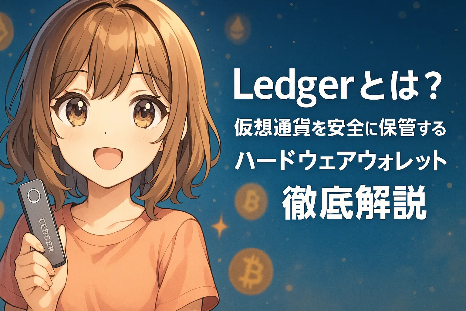 Ledgerとは何かを解説し、仮想通貨を安全に保管できるハードウェアウォレットの特徴や仕組みを説明するイメージ