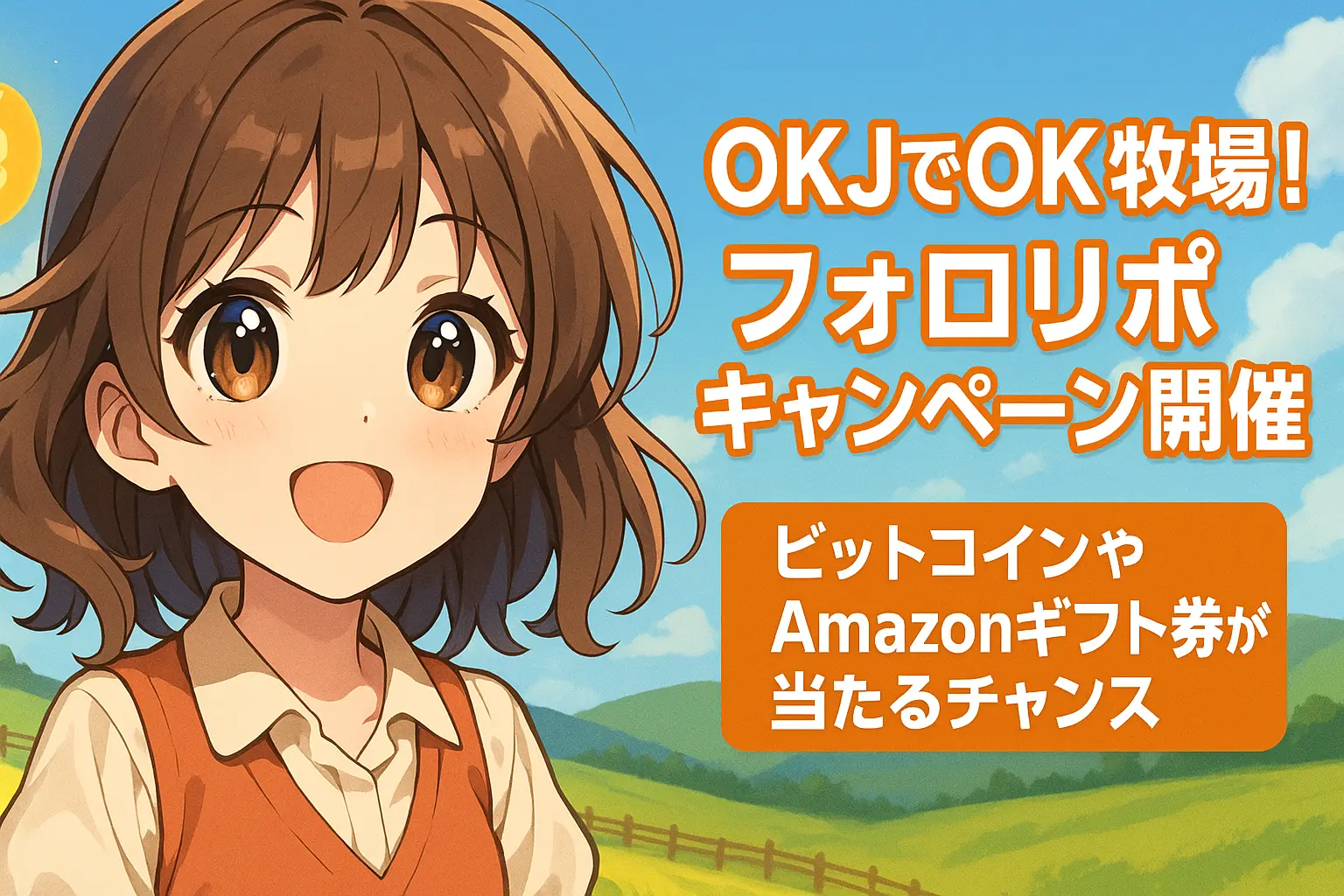 OKJが開催する「OK牧場！フォロリポキャンペーン」の告知画像。ビットコインやAmazonギフト券が当たるチャンスを紹介している。