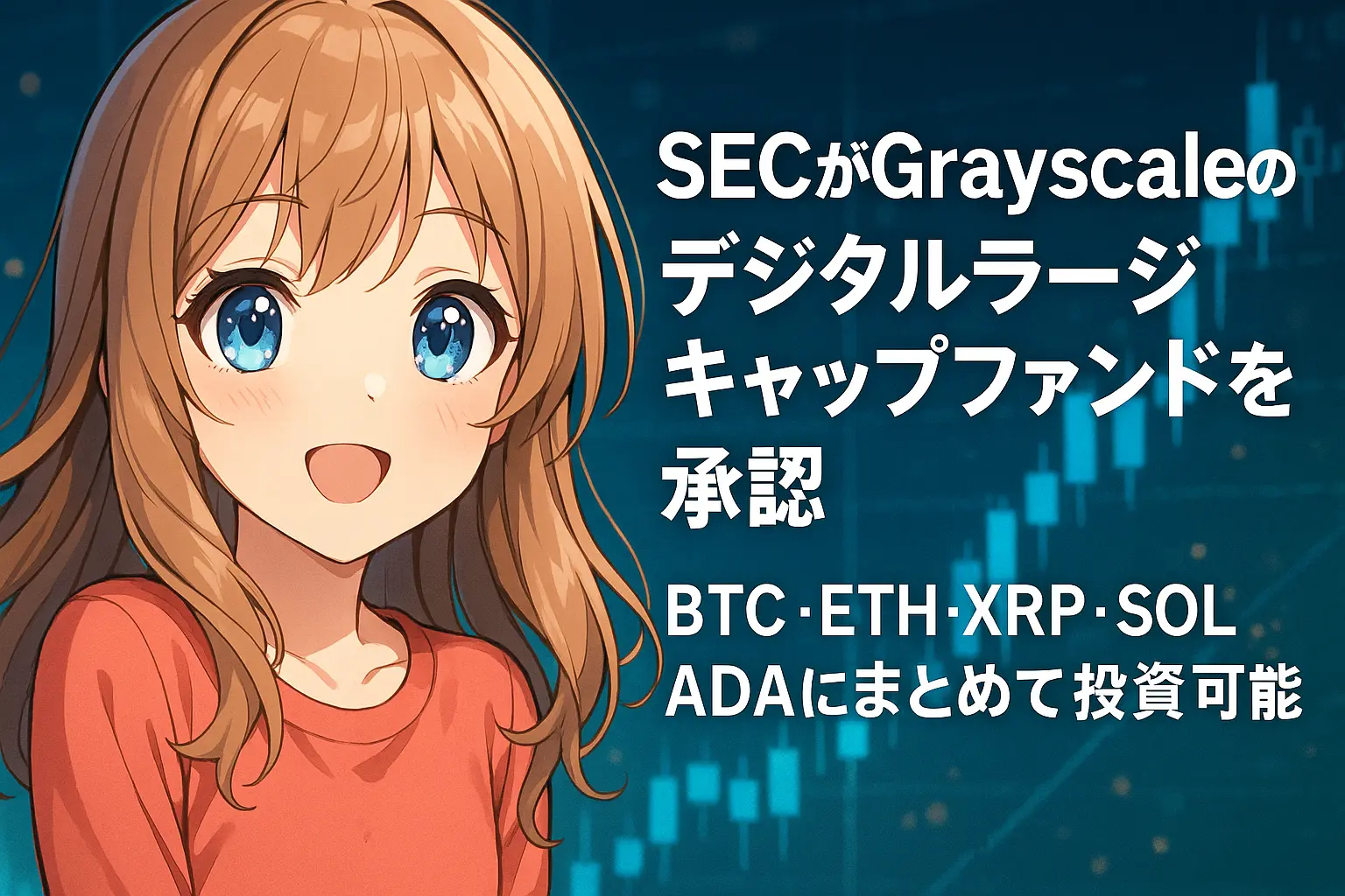 SECがGrayscaleのデジタルラージキャップファンドを承認し、BTC・ETH・XRP・SOL・ADAにまとめて投資できるようになったニュースを伝えるイメージ