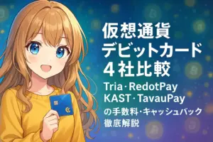 想通貨デビットカード4社(Tria・RedotPay・KAST・TavauPay)の手数料やキャッシュバック率を比較し、特徴をわかりやすくまとめたイメージ。スマホ決済やカード支払いをイメージしたデジタル風デザイン。