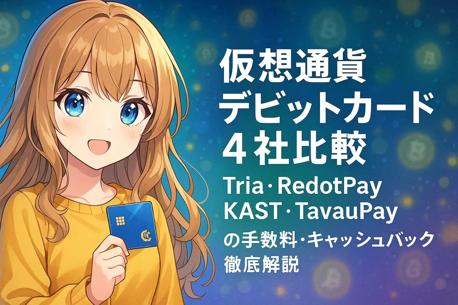 想通貨デビットカード4社（Tria・RedotPay・KAST・TavauPay）の手数料やキャッシュバック率を比較し、特徴をわかりやすくまとめたイメージ。スマホ決済やカード支払いをイメージしたデジタル風デザイン。