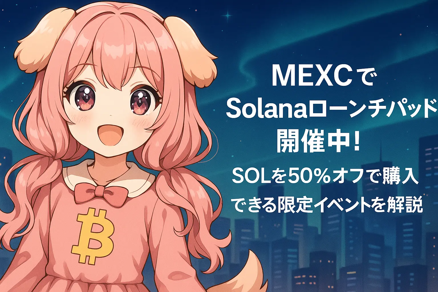 MEXCで開催中のSolanaローンチパッドイベントを紹介する画像。SOLを50%割引で購入できる限定キャンペーンを解説している様子を表現